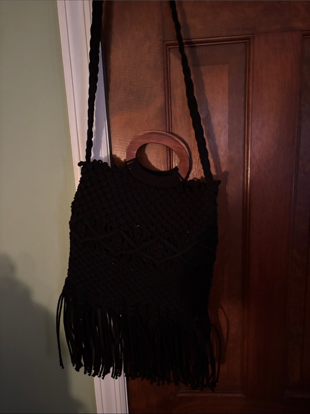 Boho Black Macramé Shoulder Bag with Wooden Handles